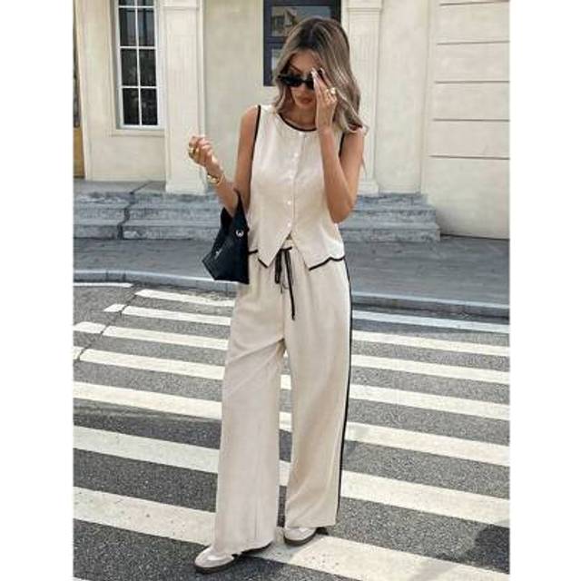 SHEIN 2 Pieces Set Women&#39;s Color Block Piping Front Button Round Neck Sleeveless Top Drawstring Pants Set, French Contrast Decoration Apricot Black Round Ne