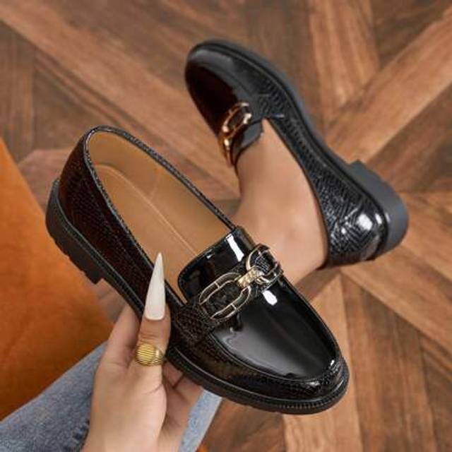 SHEIN Women&#39;s Black Synthetic Patent Leather, Loafers - Preppy Slip-On Shoes With Chunky Sole For Casual Outfits
