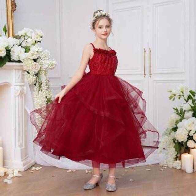 SHEIN Tween Girls Spaghetti Strap Floral Lace Pageant Wedding Party Formal Tulle Poofy Dress, Bridesmaid, Birthday, Cocktail