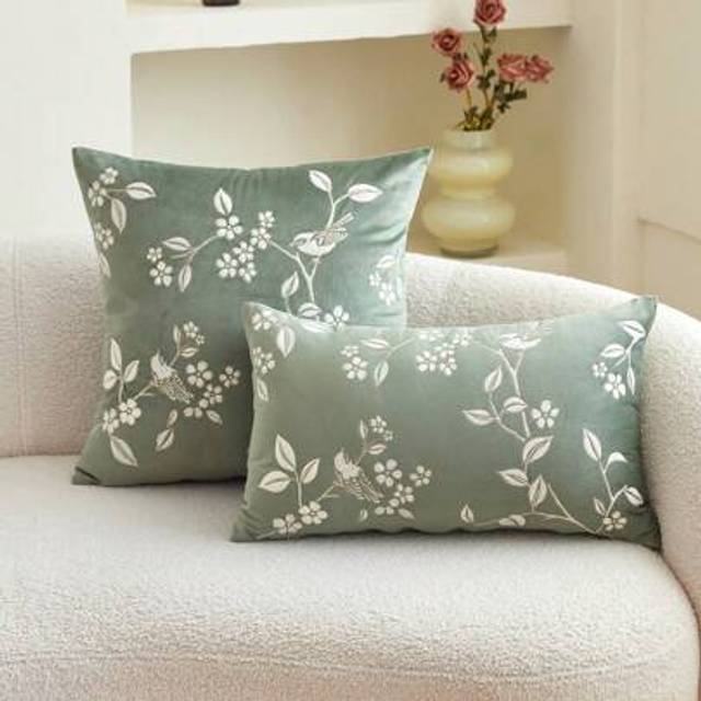 SHEIN 1pc Green Floral Leaf Embroidered Decorative Pillow Cover, Suitable For Indoor Decor, All Season Cushion Cover, Pillow Insert Not Included