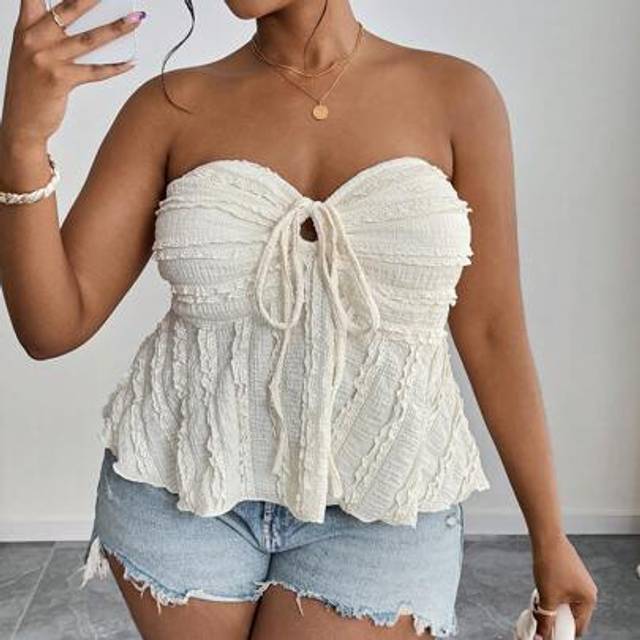 SHEIN Plus Size Women&#39;s Summer Vacation Textured Front Tie Bandeau Top