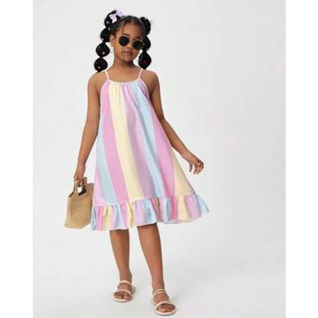 SHEIN Girls Rainbow Multicolor Stripe Print Spaghetti Strap Ruffle Hem Casual Holiday Dress