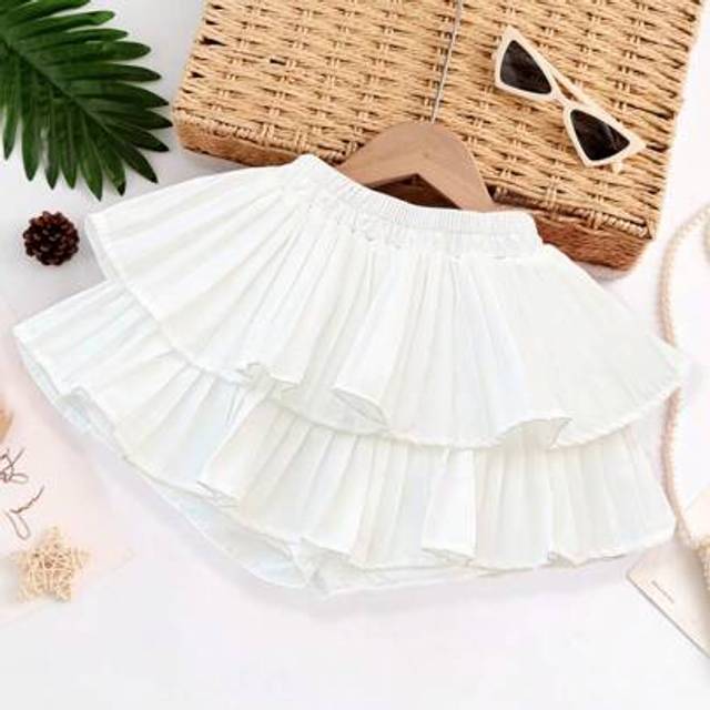 SHEIN Girls&#39; Pleated Shorts Skirt With Lining, White, Summer