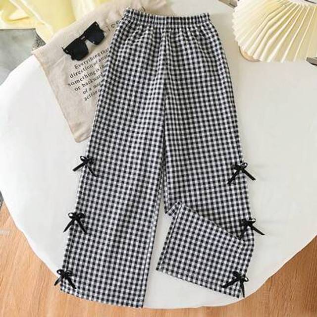 SHEIN Girls Teen Casual Fashionable Elastic Waist Loose Plaid Cotton Bowknot Decor Wide Leg Pants, Versatile For Summer Home & Outdoor Wear