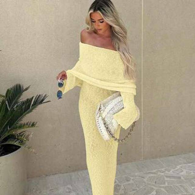 SHEIN Sexy Beach Holiday Dress Vacation Outfits Women Fashion Sexy Street Style Plain Semi-Sheer One-Line Neck Long Sleeve Long Women&#39;s Sweater White Dresse