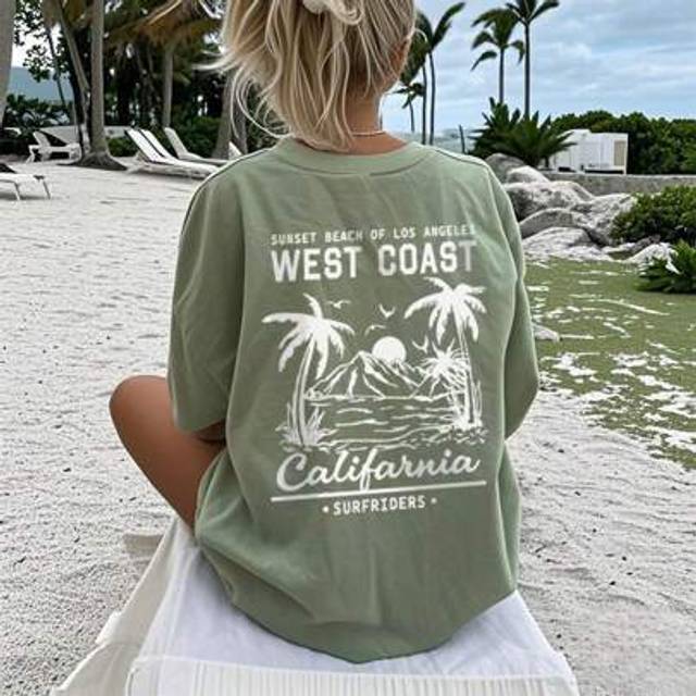 SHEIN Women&#39;s New Summer Casual Round Neck Short Sleeved T-Shirt With Simple And Versatile Palm Tree Slogan Print Suitable For Daily Wear. Graphic Tees Wome