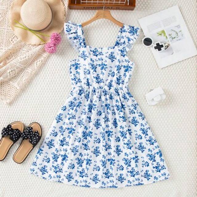 SHEIN Casual Vacation Elegant Ditsy Floral Cinched Waist Ruffle Hem Short Dress, Suitable For Teens,Holiday,Summer,Travel