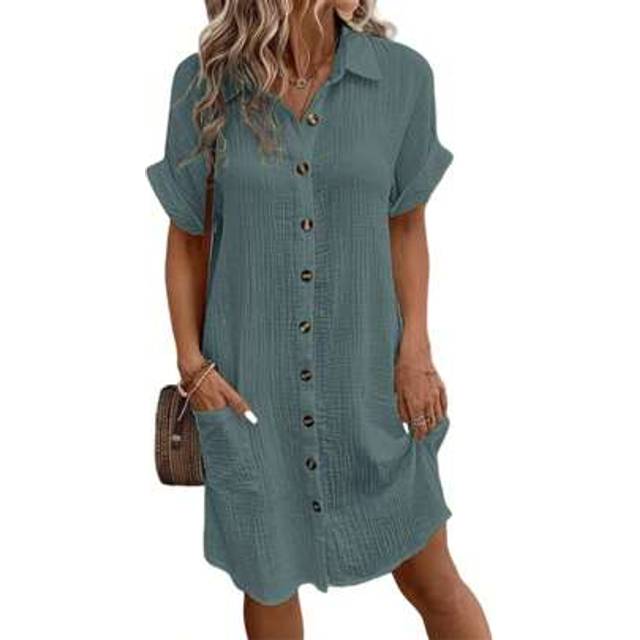 SHEIN Women&#39;s Summer Mini Dress Short Sleeve Lapel Collar Button Down Pocket Dress Fashion Shirt Dress