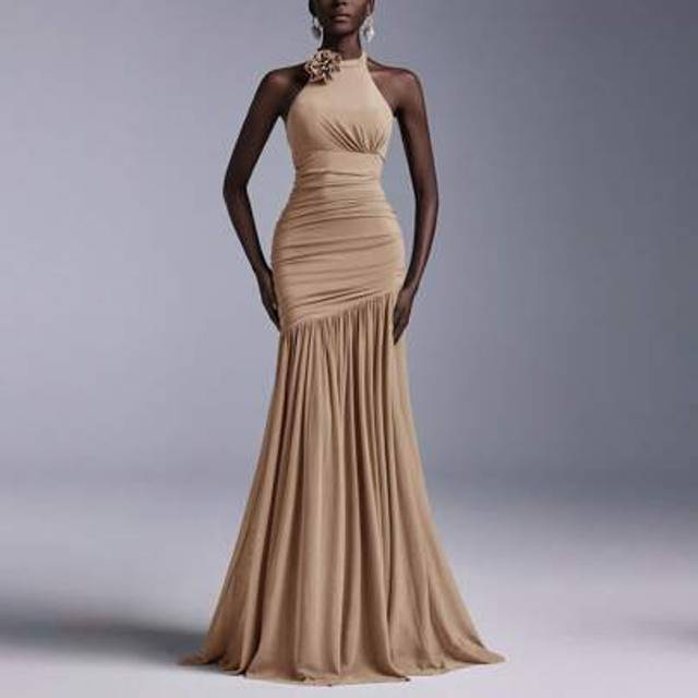 SHEIN Elegant High Neck Floral Bodice Ruched Mesh Sheer Fishtail Bridesmaid Dress