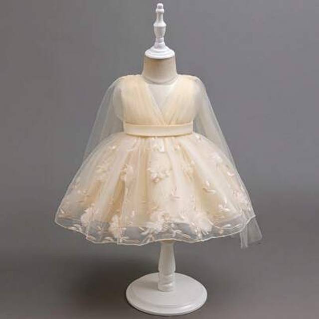 SHEIN Baby Girls&#39; Champagne Embroidered Mesh Bowknot Decor Party Formal Dress With Shawl, Suitable For Wedding, Birthday, Banquet And Other Formal Occasions