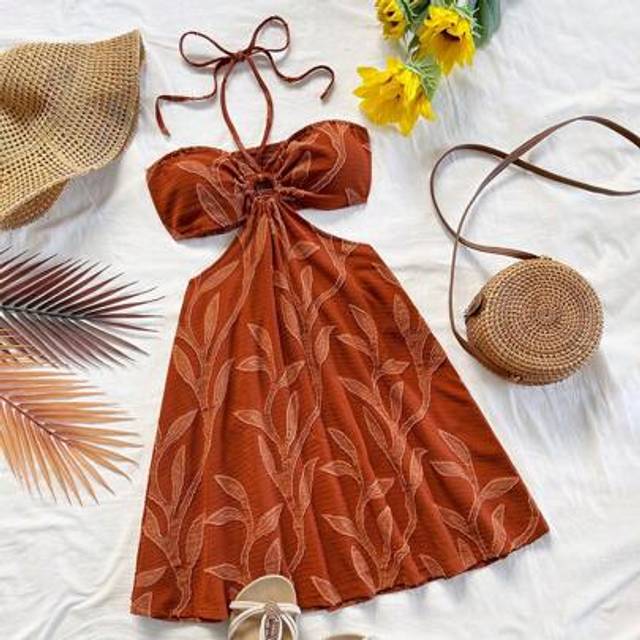 Soleia Women&#39;s Vacation Brown Wicker Branch Pattern Sexy Halter Drawstring Hollow Waist Dress, Suitable For Beach, Music Festival, Hippie, Party, Date, After