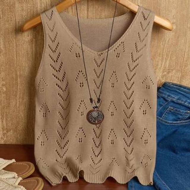 EMERY ROSE Women&#39;s Solid Color Hollow V-Neck Sleeveless Casual Knit Top