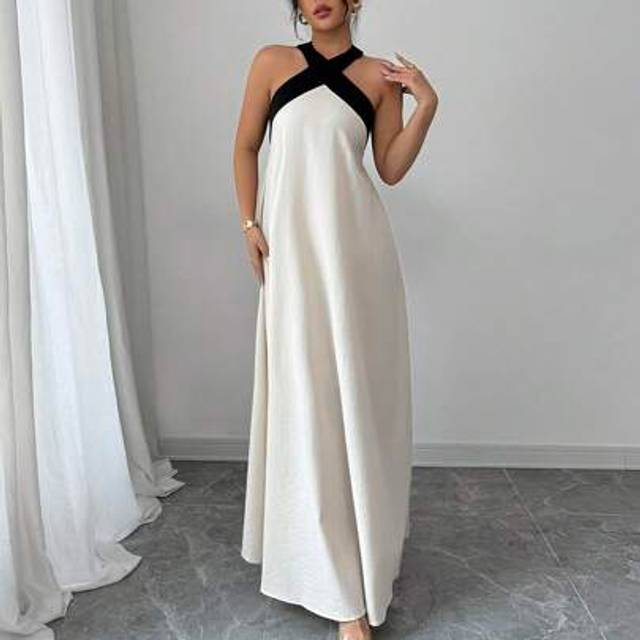 Chiquease Black & Apricot Color Block Elegant Halter Backless Bowknot Strap Sleeveless Maxi Dress, Casual Beach Resort