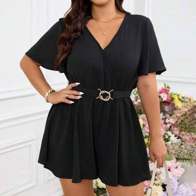 SHEIN Plus Size Black Woven Fabric Jumpsuit With V Neck And Short Sleeves, Casual Wrap Style With Belted Waist For Summer