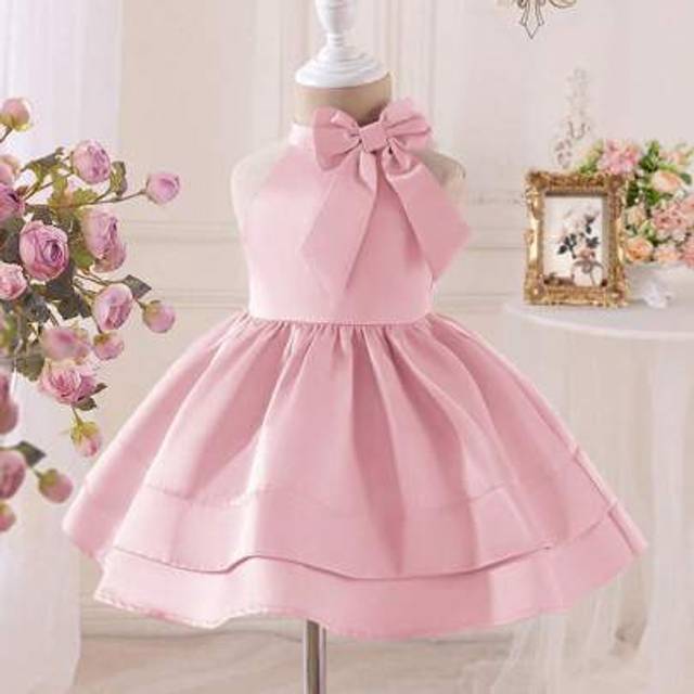 SHEIN Babygirl Summer Satin Cute Solid Color Bow Decorated Cinched Waist Sleeveless Dress