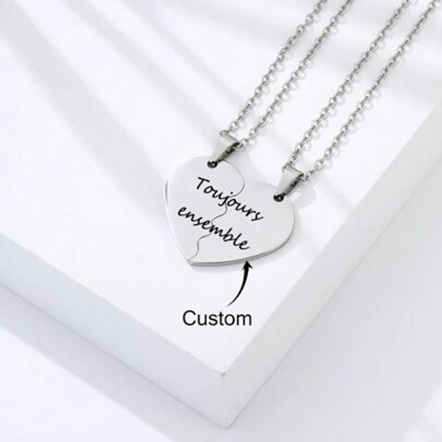 SHEIN Personalized Engraved Double Name Split Heart Necklaces Stainless Steel Broken Heart Necklace Engraved Name Date Phrase Split Heart Necklaces Boys & G