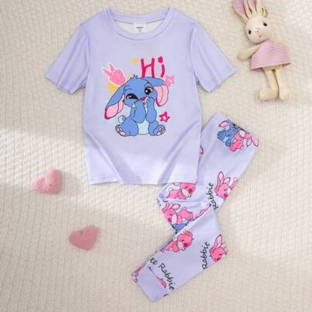 SHEIN 2pcs/Set Young GirlCute Rabbit All-Over-Print Short Sleeve Top And Leggings Soft Comfy Pajamas Set, Summer Summer Pj Sets Snug Fit Tight Fit Pajamas Y