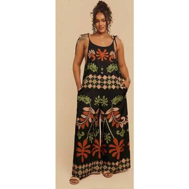 Travachic Plus Size Women Tropical Geometric Print Strapless Loose Jumpsuit With Pockets, Casual Vacation Style, Summer
