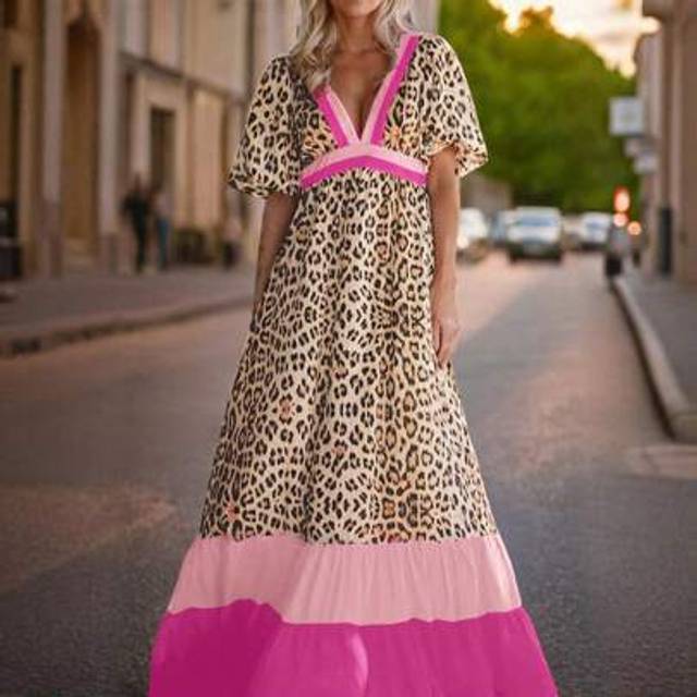 Calvaya Women&#39;s Loose Leopard Print And Pink Striped Dress With Puffy Sleeves, Summer