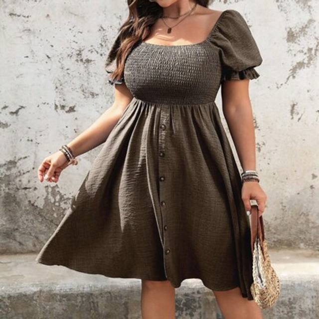 SHEIN Plus Size Women Solid Color Denim Effect Two-Tone Puffy Sleeve Button Front Trim Dress