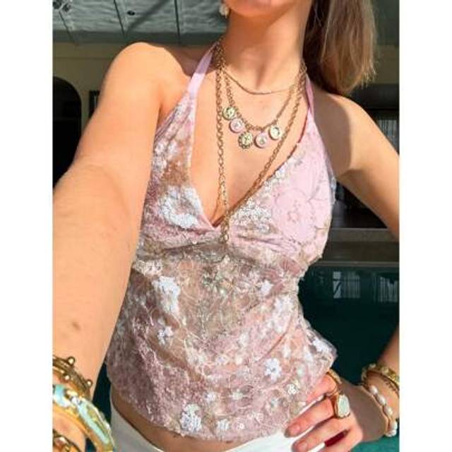 SHEIN Women&#39;s Sequin Mesh Slim Crop Tank Top Halter Neck Sleeveless Sexy Y2K Vest For Aesthetic Streetwear