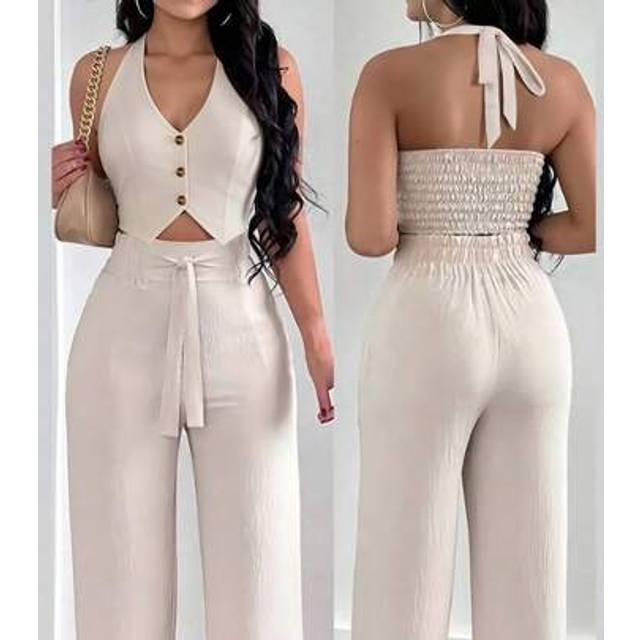 INAWLY 2pcs Set Women Casual Holiday Tied Neck Halter Top & Wide Leg Pants