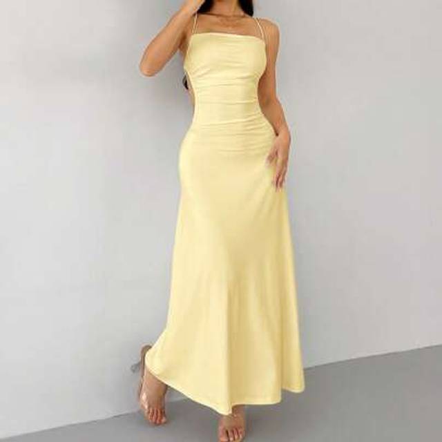 SHEIN White Ball Gown Spaghetti Strap Backless Tight Draped Neck Long Women&#39;s Dress,Graduation Dresses,Butter Yellow Dress