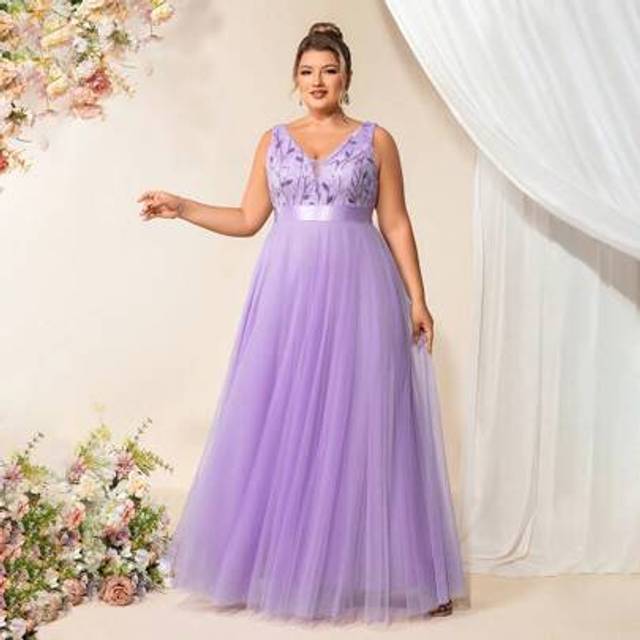 SHEIN Plus Size Summer Contrast Sequin Embroidered Mesh Bridesmaid Dress,Prom Gown, For Wedding Guest, Graduation, Dinner