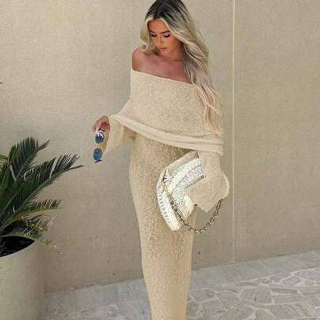 SHEIN Sexy Beach Holiday Dress Vacation Outfits Women Fashion Sexy Street Style Solid Color Semi-Sheer One-Line Neck Long Sleeve Long Women&#39;s Sweater White