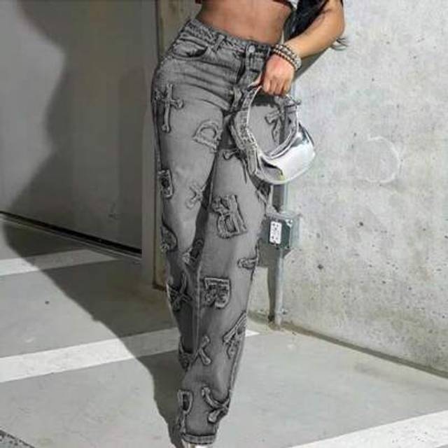 SHEIN Women&#39;s Holiday Casual Sexy Ins-Style Letter Embroidered Denim Pants