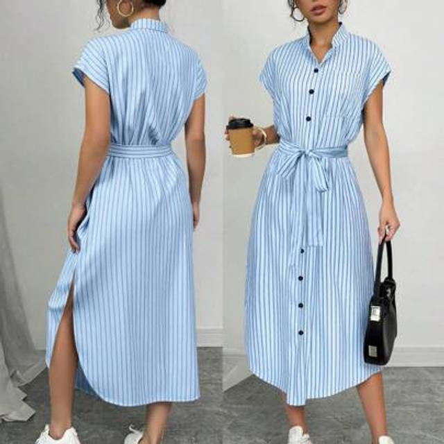 Calvaya Romantic Elegant Graduation Concert Outfit Business Casual Old Money Style Anouk Yve Aura Quiet Style Commuter Blue Striped Shirt Dress Short Sleeves