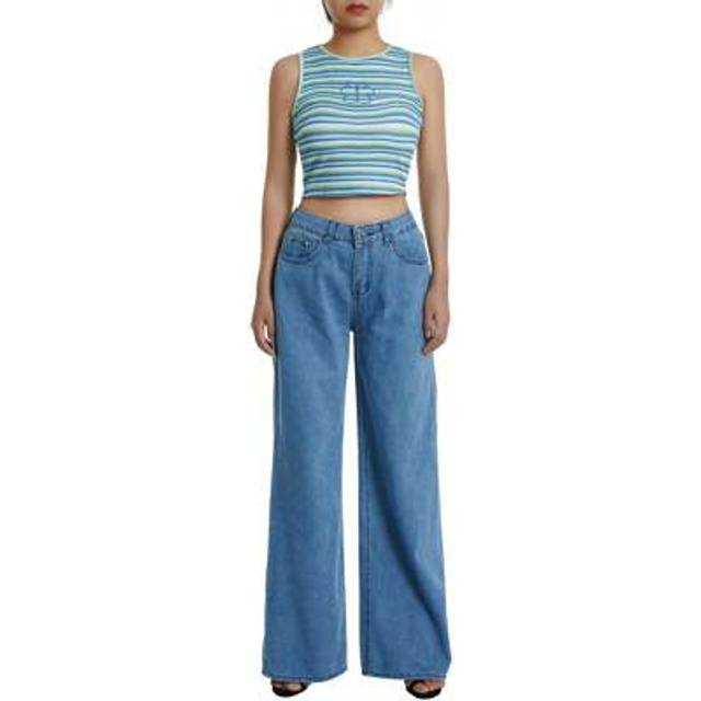 SHEIN Women Hip Hop Denim Pants Casual High Waist Relaxed Fit Washed Wide Leg Jeans Streetwear