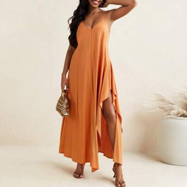 SHEIN Summer Flowy Soft Viscose Spaghetti Straps Tie Back Asymmetric Tent Maxi Dress Vacation Dress