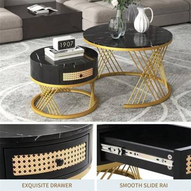 SHEIN 2-In-1 Round Coffee Table (70*70*45.5+50*50*38.5cm) Made Of MDF With Marble Grain Veneer Top, Rattan Drawers And Solid Wood Handles Gold Coloured Iron