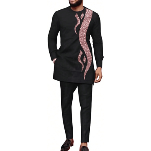 SHEIN New Kaftan African Set Men 2pcs Outfit Long Sleeve Solid Color Top Pants Suit, Elegant Business Party Wedding Wear For Men