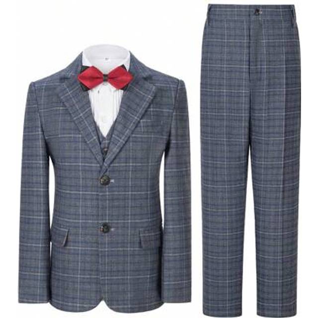 SHEIN Boys Grid Suits 3-Pieces Suit Set Toddler Tuxedos Dresswear Ring Bearer Outfit Wedding Blazer Vest Pants Formal Suits For Kids Blue And White Size 6-1