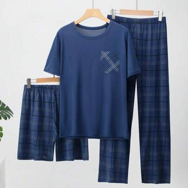 SHEIN 3 Pcs Men&#39;s Lightweight Pajama Set, Short Sleeve Shirt And Shorts Or Pants, Summer Plaid Sleepwear Set