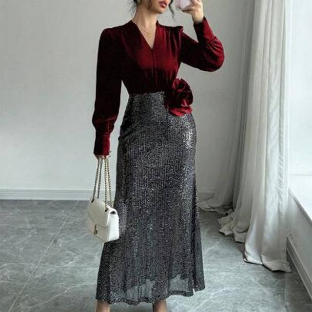 Calvaya French Elegant Design V-Neck Splicing Sequined 3D Rose Decor Long Sleeve Autumn/Winter Dress For Women