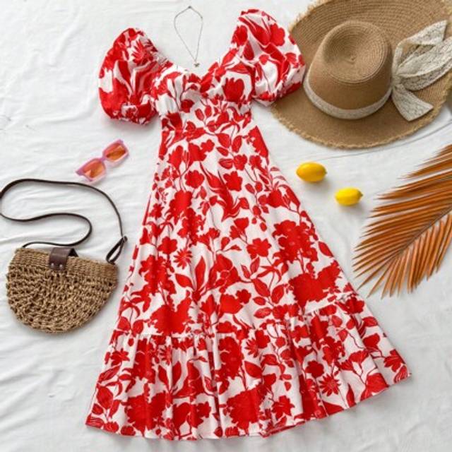 Soleia Women&#39;s Bicolor Silhouette Print Puff Sleeve Ruffle Hem Romantic Wedding Beach Western Music Festival Summer Boho Dress, Pink & White