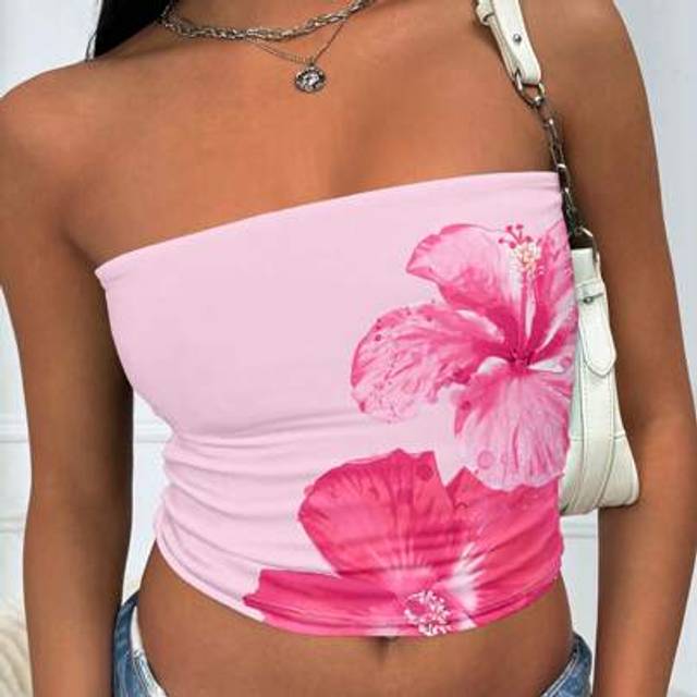 INAWLY Women&#39;s Casual Vacation Pink Hibiscus Floral Print Bandeau Tube Top