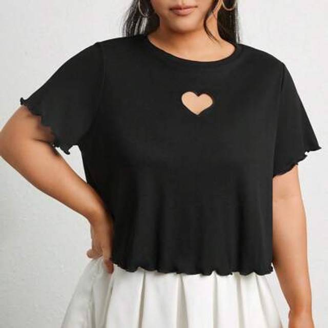 SHEIN Plus Heart Cut Out Lettuce Trim Tee