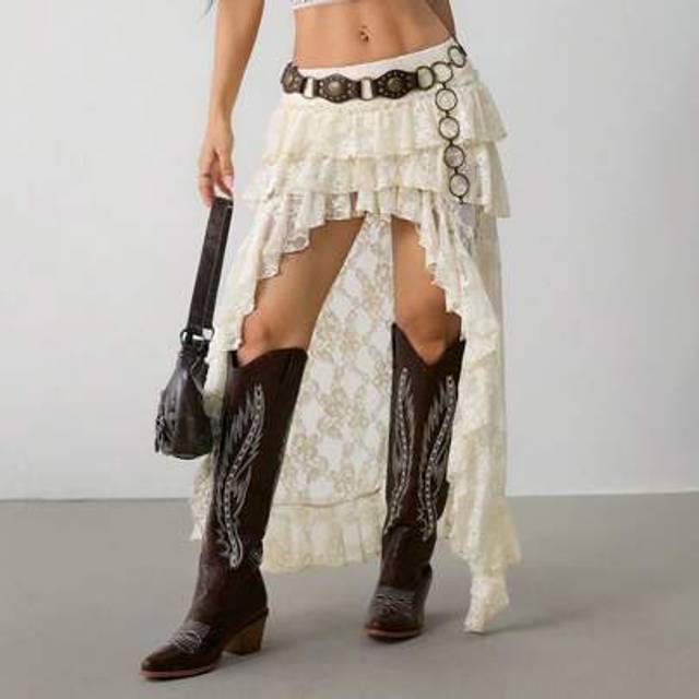 SHEIN Hippie Cowgirl 90s Ultra Low Waist Lace Tiered Mini Front Long Back Long Skirt