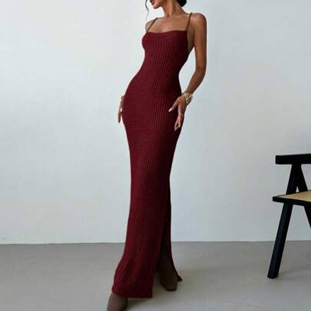 Firerie Women Casual Elegant Fashion Sexy Criss-Cross Backless Cutout High Slit Midi Knit Dress