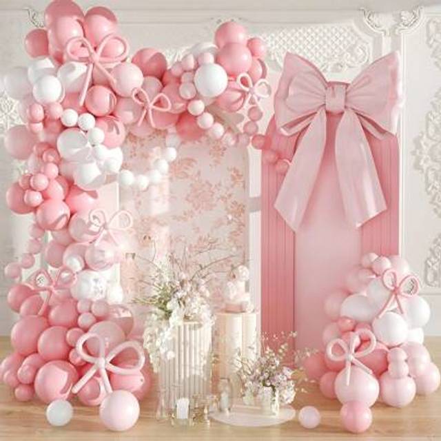 SHEIN 138pcs Pink White Bowknot Balloons Garland Arch Kit Set&2pcs Balloon Accessory, Pink White Bow Knot Balloon Set Perfect For Birthday Wedding Party Roo