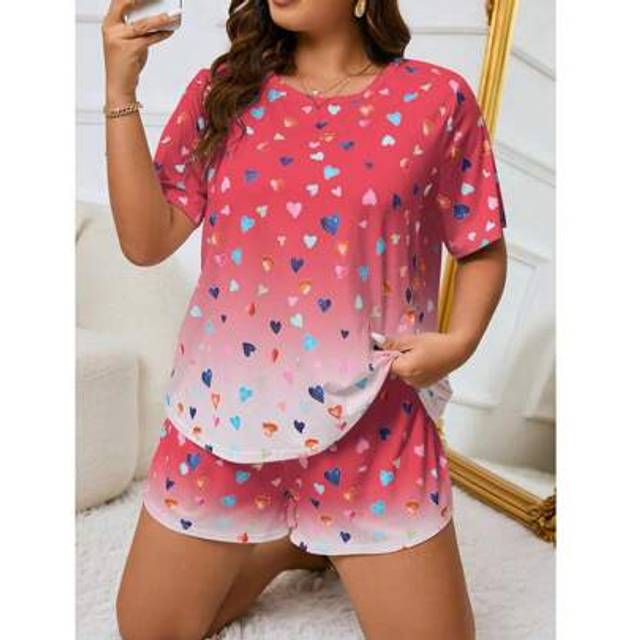 SHEIN Plus Size Heart Print Ombre Short Sleeve Top And Shorts Pajama Set