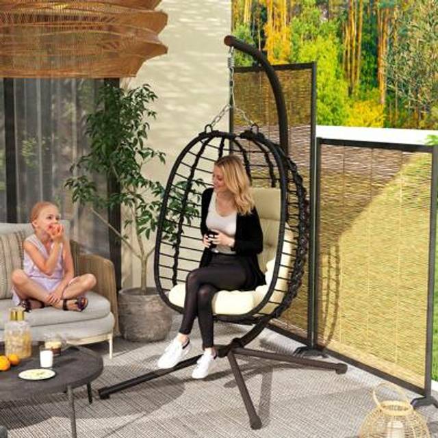 SHEIN Outsunny Rattan Hanging Egg Chair, Foldable Wicker Hammock Swing Chair With Cushion, Stand, Adjustable Height, Head Pillow, Steel Frame For Garden Pat