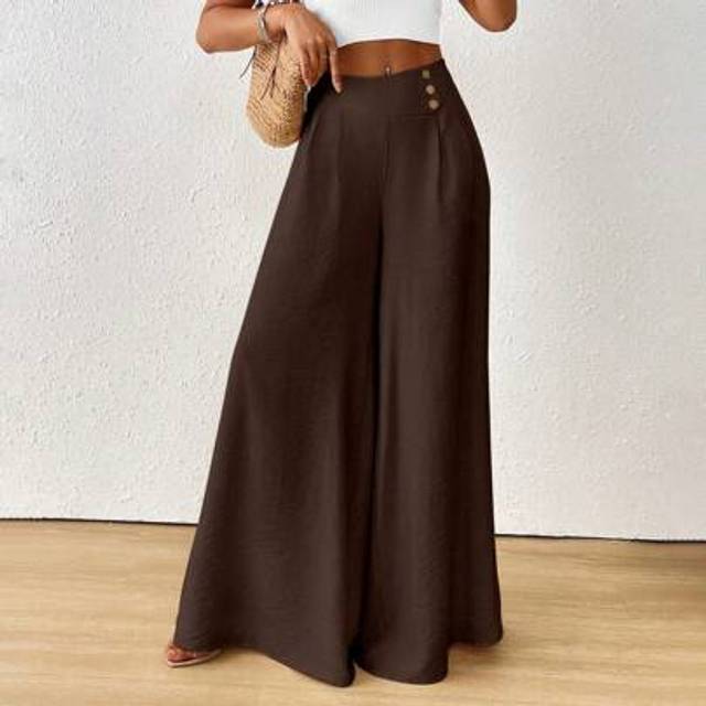 Calvaya Women&#39;s Solid Color High-Waist Button Accent Pleated Wide-Leg Loose Pants