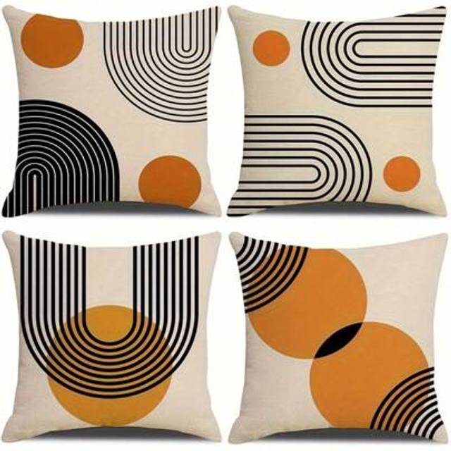 SHEIN 4pcs Boho Mid Century Modern Arch Sun Square Linen Cushion Cover, Throw Pillow Cover, Bedroom Accessories, Sofa Cushion Cover, Living Room Throw Pillo