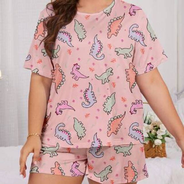 SHEIN Summer Fresh Cute Dinosaur Printed Short-Sleeved Shorts Pajamas Set Plus Size Home Clothing