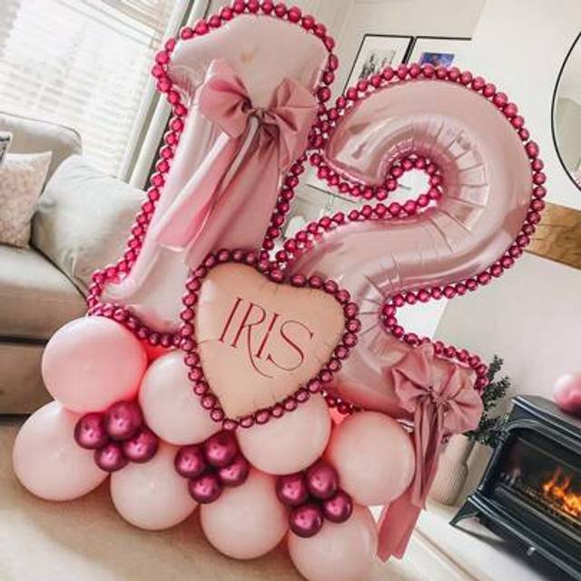 SHEIN 43pcs Pink Number Columns Balloon Set, Includes 32-Inch (81.28cm) Pink Number Foil Balloons, Macaron Pink & Metallic Red Round Latex Balloons, Suitabl